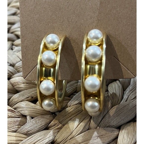 J.Crew VTG Oversized Pearl Hoop Earrings Gold Tone Pierced Statement Y2K Regency - Picture 5 of 11